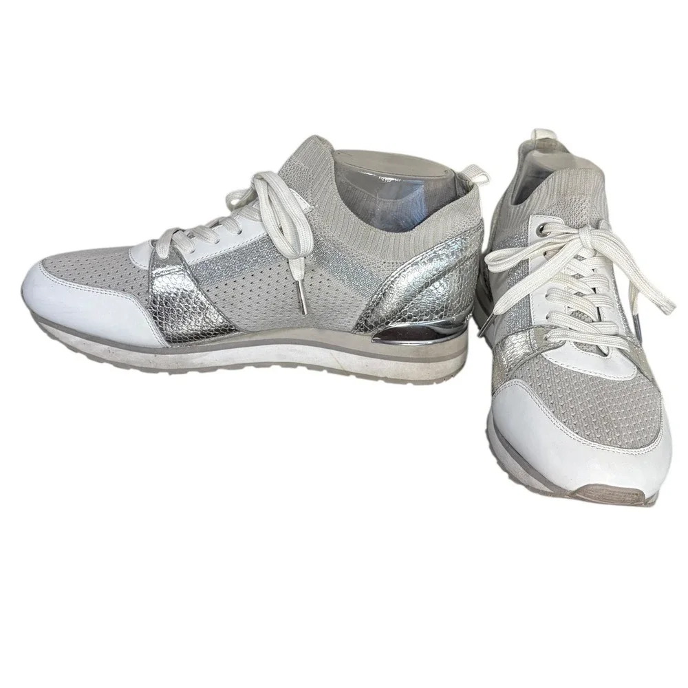 Michael Kors Billie Silver Knit‎ Sock Sneakers Metallic Accent Lace Up Size 10M